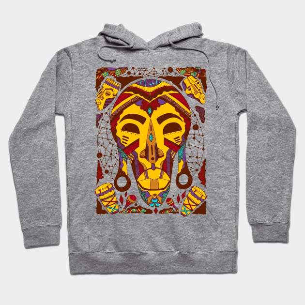 Mustard Brown Tribal African Mask Hoodie by kenallouis